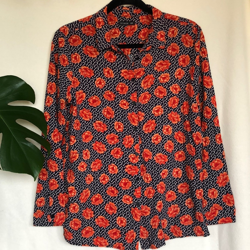 Cotton On - Black, white polka dots gorgeous rich orange poppy style flowers